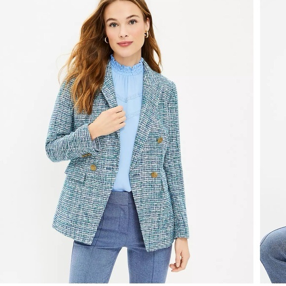 LOFT Women's Green and Blue Tweed Double Breasted Blazer Size 14 - Picture 3 of 10